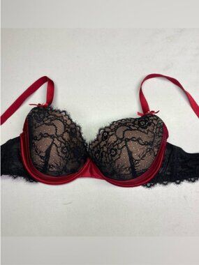 Adore Me Black Lace Red Satin Trim Underwire Bra 38DD *P1042
